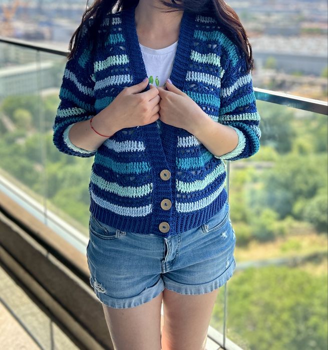 Cardigan crosetat manual albastru verde multicolor