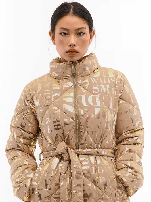 Дамско зимно яке , златисто ватирано яке с колан , дамско яке