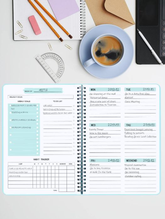 Agenda Planificator cu Spirala, pentru Organizare Saptamanala, cu Habit Tracker si To Do List, Albastru, A5