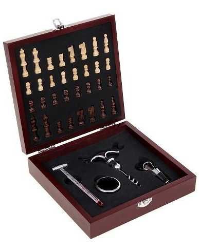 НОВА Луксозна дървена КУТИЯ ЗА ВИНО с 4 аксесоара. СЕТ ЗА ВИНО и ШАХ