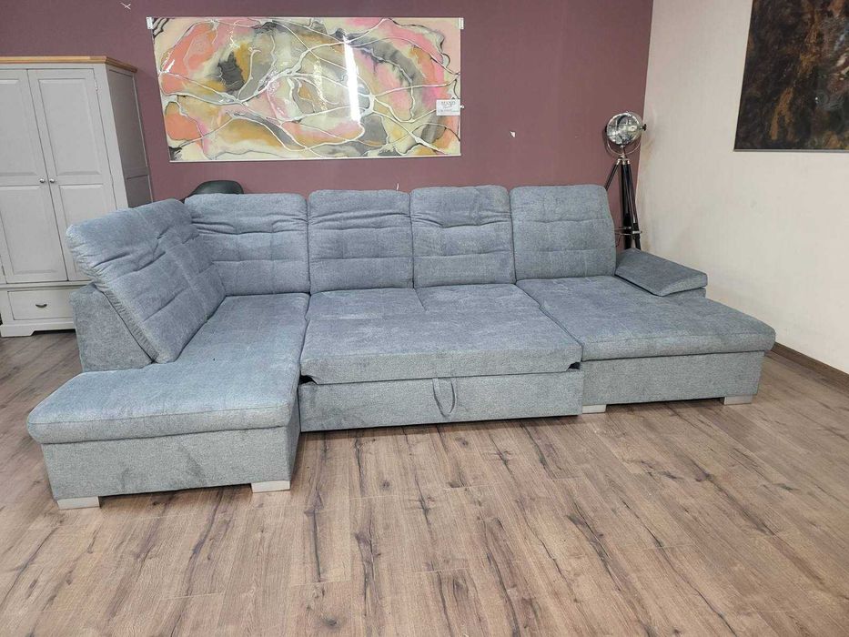 Светло сив П - образен ъглов диван Nixon с функция сън