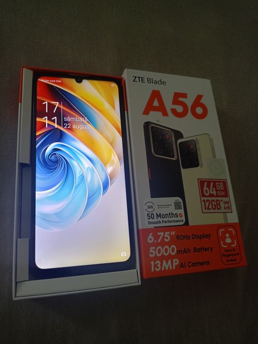 Vând telefon Smart ZTE Blade A 56,nou la cutie,vine cu husa, folie și cablu de încărcare,memorie internă 64 GB,memorie RAM 12 GB.