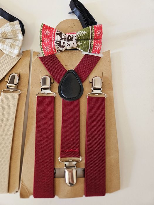 Тиранти с папионка за деца, бордо и беж, от 1 до 8 г