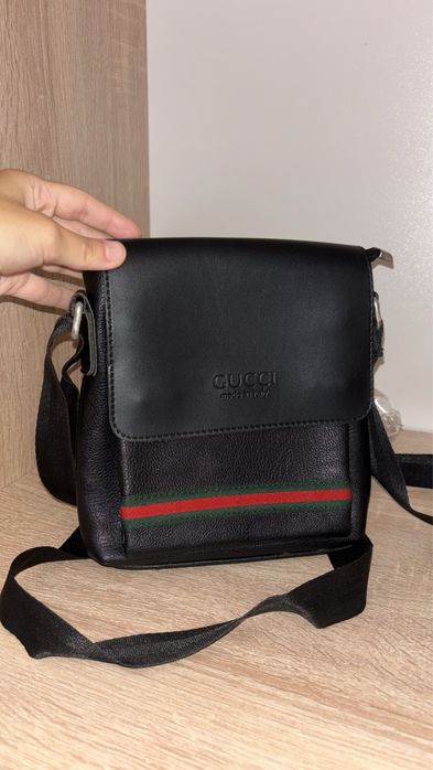 Borsetă G ucci black , green-red strap