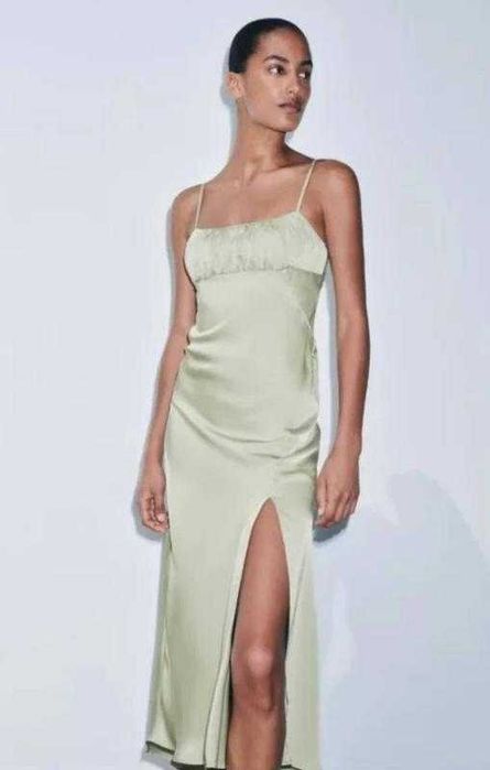 Zara rochie midi verde deschis spate gol satin