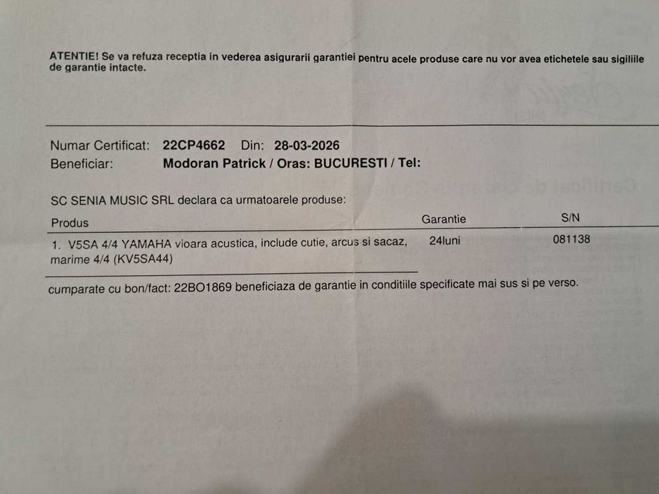 Vioara noua V5SA 4/4 YAMAHA vioara acustica, include cutie, arcus si sacaz, marime 4/4 (KV5SA44), garantie pana in 28.03.2028