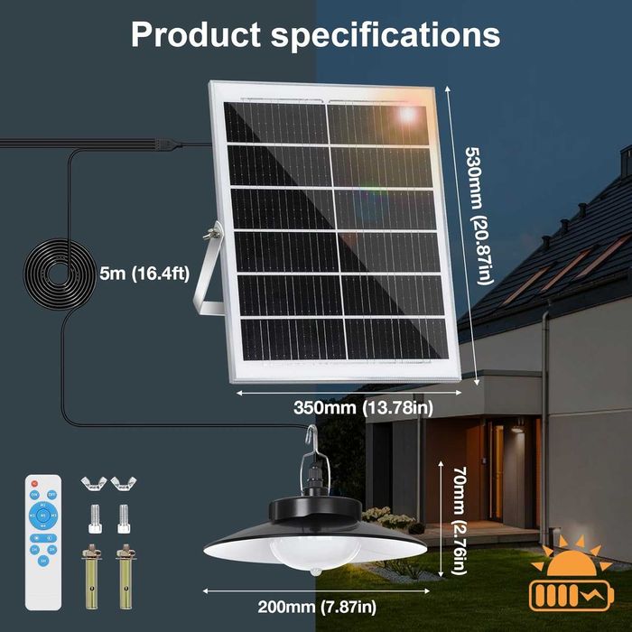 Lampa Solara Pendul NIORSUN 5000mAh 3 Culori IP66 Telecomanda Noua