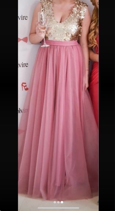 Rochie lunga roz cu auriu