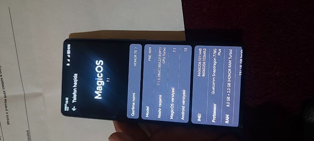 Honor 70 8 256 pamyati yangi