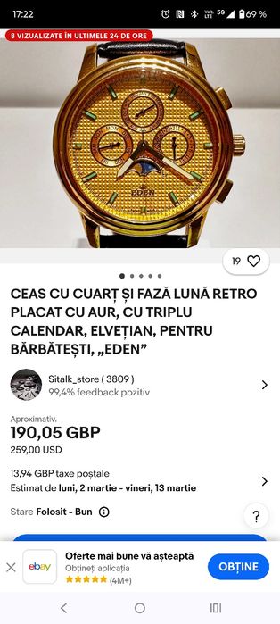 Ceas elvețian Eden moon phase  gold plate