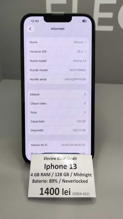 Iphone 13 128GB Midnight/Neverlocked/Baterie:89% ID854-AG2