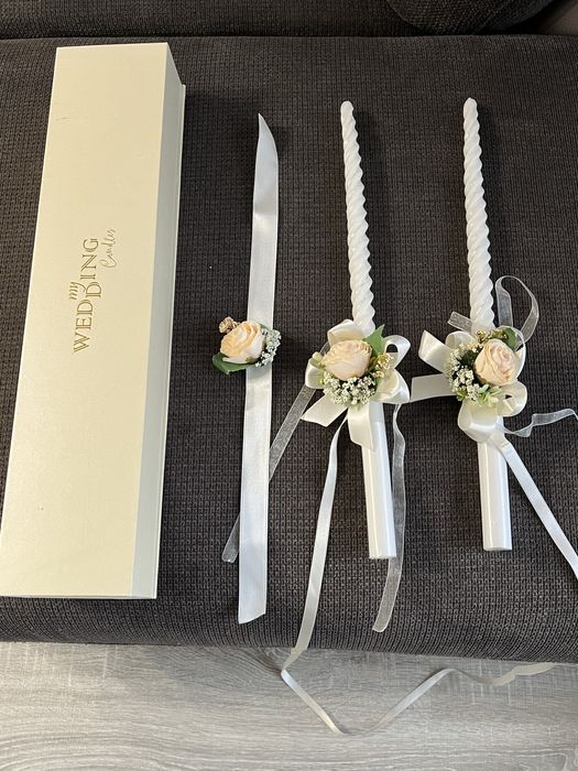 Комплект свещи за сватба, със украса и за бутилка