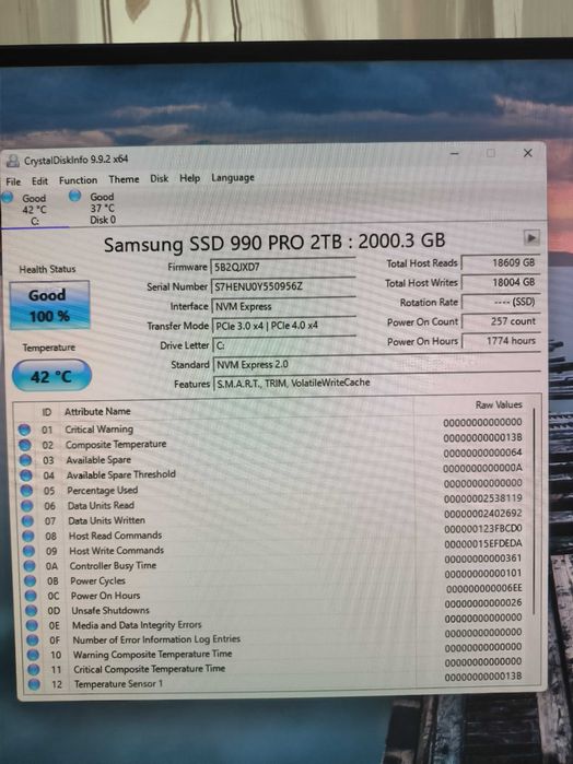 Oferta! SSD Samsung 990 PRO 2TB PCI Express 4.0 x4 M.2 2280/ca nou, stare perfecta
