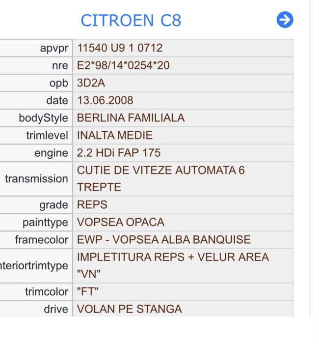bara fata peugeot 807 citroen C8 dezmembrari peugeot citroen