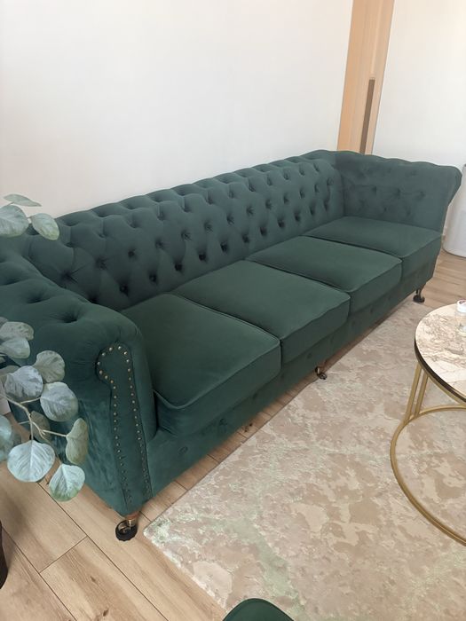 Vand Canapea Chesterfield verde smarald – catifea premium – 2,40 m