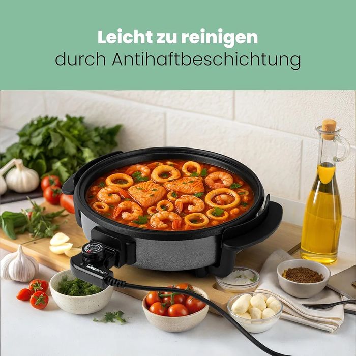 Нов електрически тиган Clatronic PP 3401, Диаметър 32x3,5 см, Черен