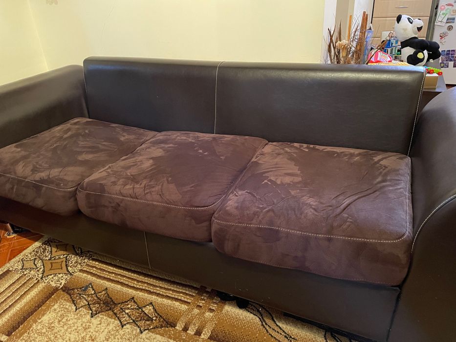 Триместен диван велур и кожа + ПОДАРЪК ел. уред за палачинки Delimano