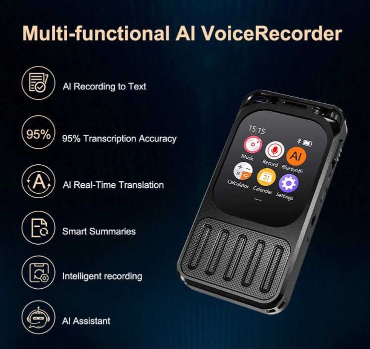 Bluetooth 5.3 ИИ Диктофон Преводач Изкуствен Интелект Реч>Текст>Обобщава APP Контрол Сензорен Екран Цветен TFT LCD LED Подсветка Метален Удароустойчив