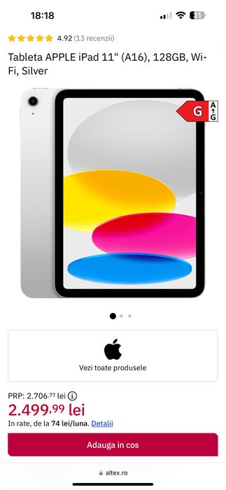 Tableta APPLE iPad 11" (A16) 128GB Silver Wi-Fi nou sigilata