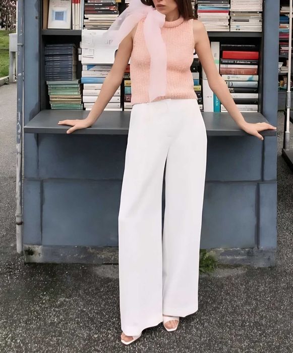 Нов трикотажен плетен топ с панделка от органза размер С на ZARA