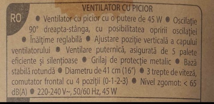 Ventilator NOU în cutie 2 modele 45W,înălțime reglabilă,viteză 3 trepte, oscilație 90 diametru 41cm