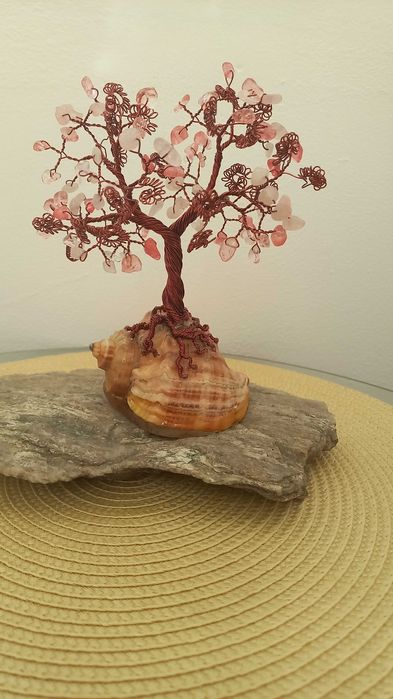 Copacel decoartiv handmade din Cuart roz si Cupru, 16 cm