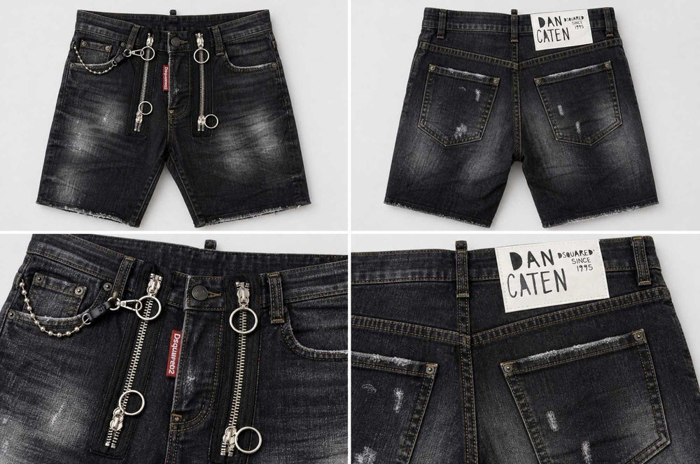 Мъжки къси дънкови панталони Dsquared2 Cool Guy Jean — черен wash, slim fit, двойни декоративни ципове, метални халки - размери 42 44,46 48 52