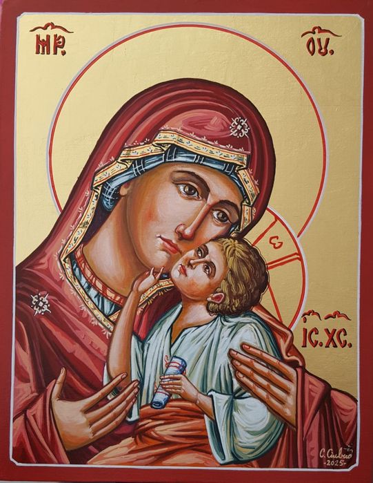 Vând Icoană Maica Domnului cu Pruncul Pictură Bizantină blat de lemn