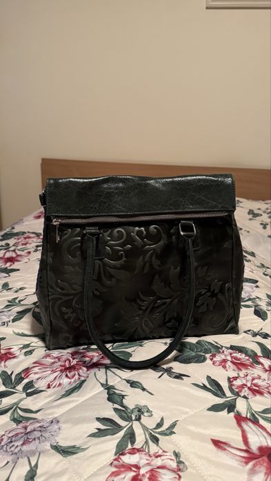 Елегантна голяма дамска чанта от естествена кожа, цвят: тъмно зелено