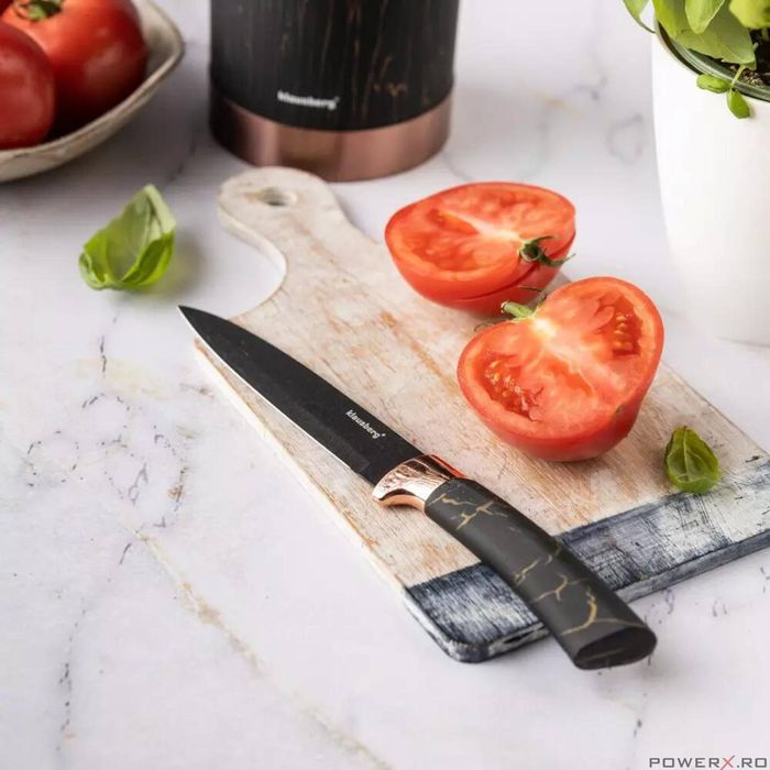 Cutite de bucatarie cu suport, set de 5, negre, cu model maro,