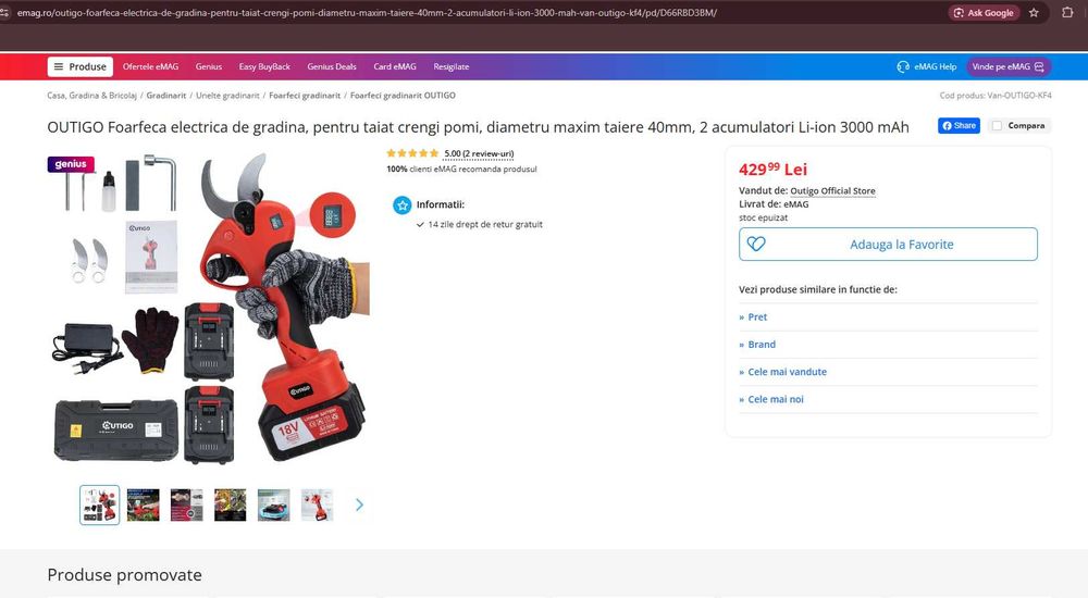 Foarfecă electrică pomi/crengi 40mm (2 acumulatori)
