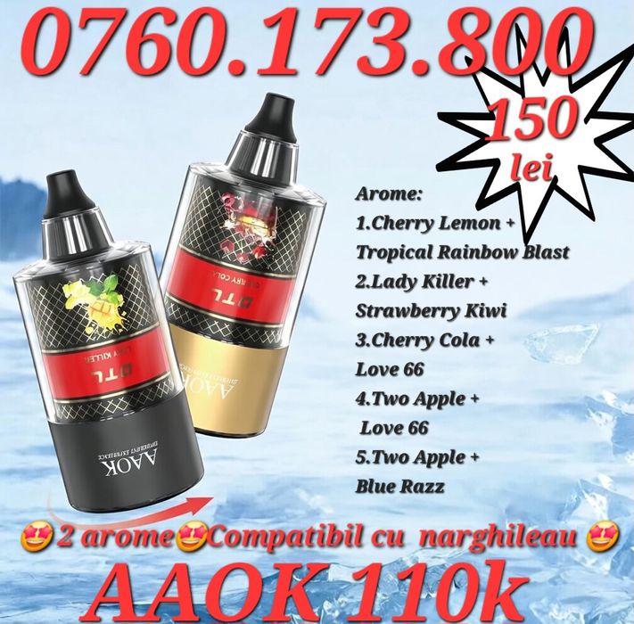 Mega ofertă! Set 2 Vape-uri AAOK 110k, COMPATIBIL cu NARGHILEA,2 arome