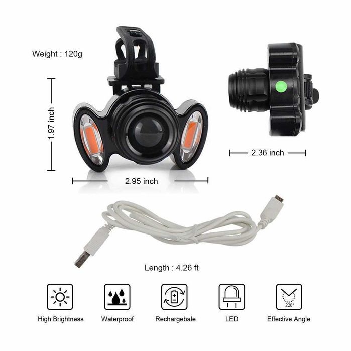 LED светлина за велосипед, Фар с три светлини, Ръчен фокус, 600Lumens