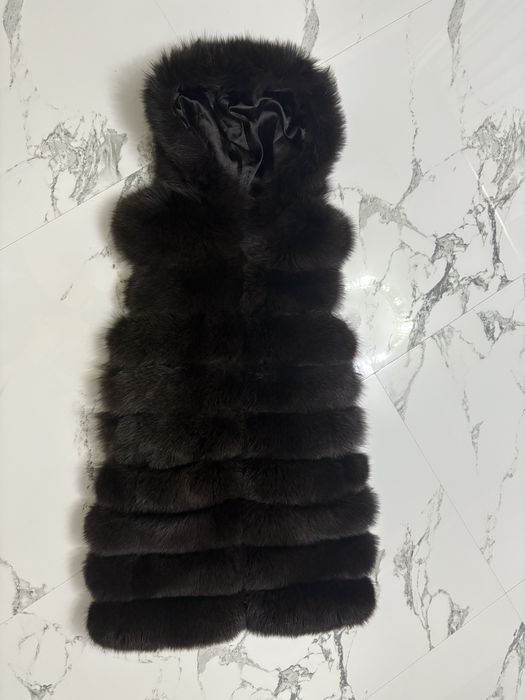 Vesta blana vulpe lunga cu gluga