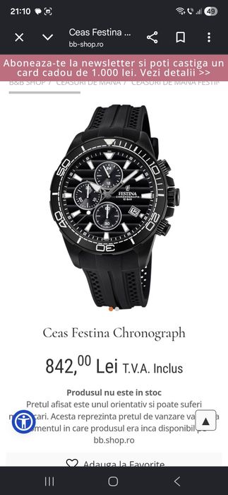 Ceas Festina Chronograph Negru - Ediție Sport / Diver (Stare Excelentă)