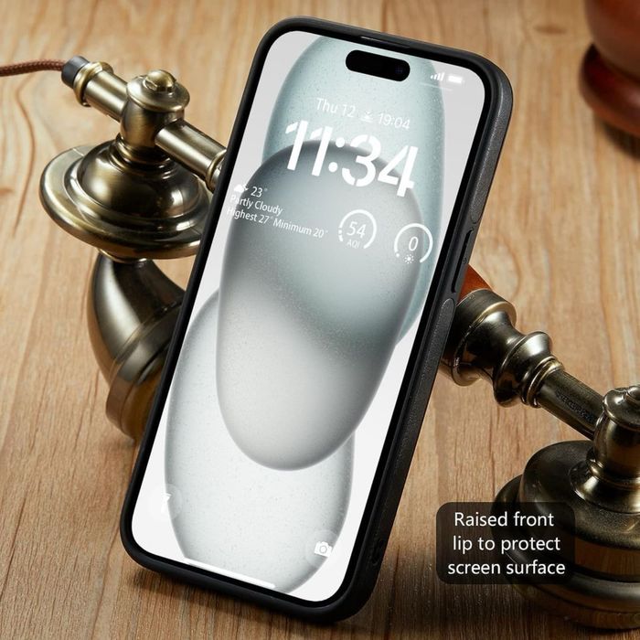 Husă din piele iPhone 15 Plus subțire premium clasică – Negru