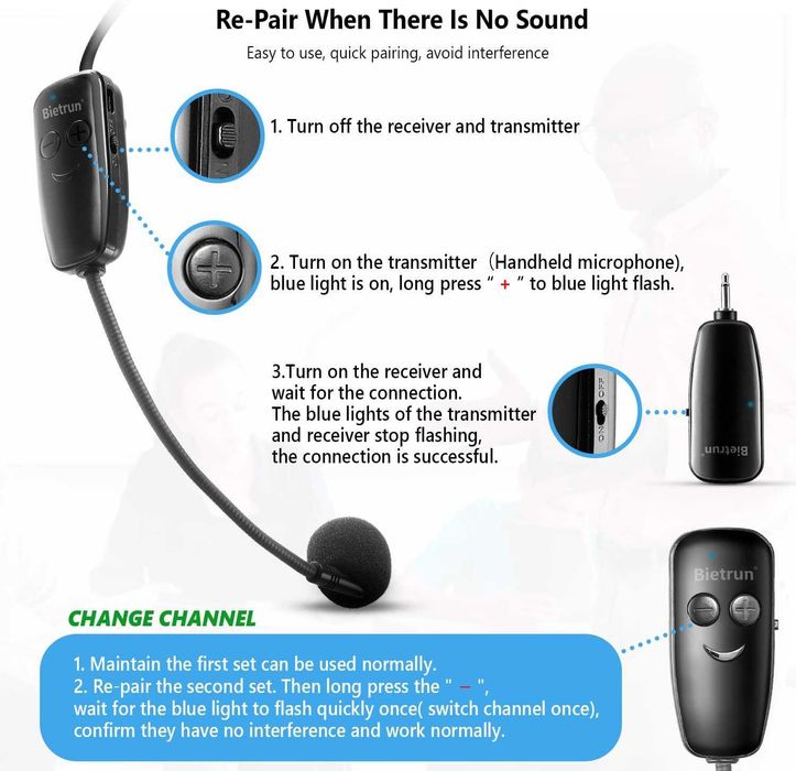 UHF безжична система за слушалки с микрофон, 1/8" и 1/4" жак