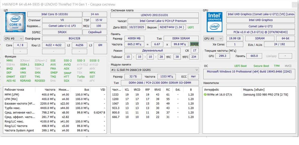 Thinkpad T14 Gen1/Core i5/40GB DDR4/2TB 980PRO