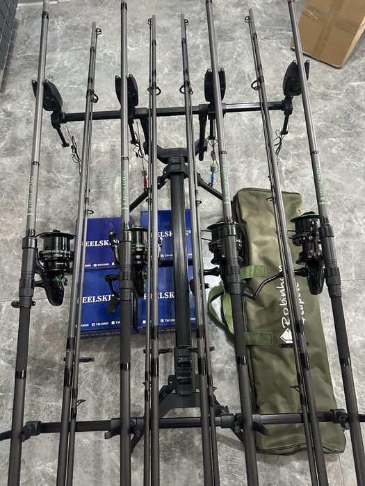 Set pescuit crap complet – 4 lansete Robinhan 3.90 + Reelsking TM10000 + Rod Pod 4 posturi echipat