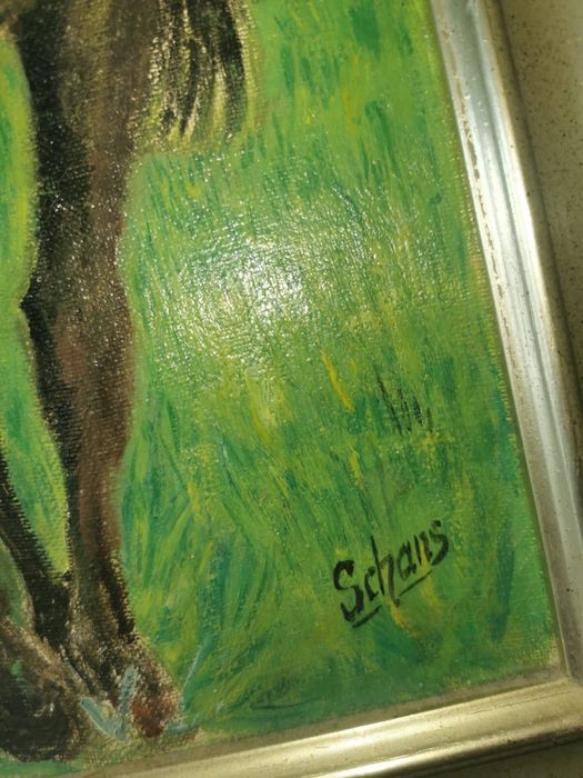 Антикварна картина летен пейзаж коне кобила жребче маслени бои платно