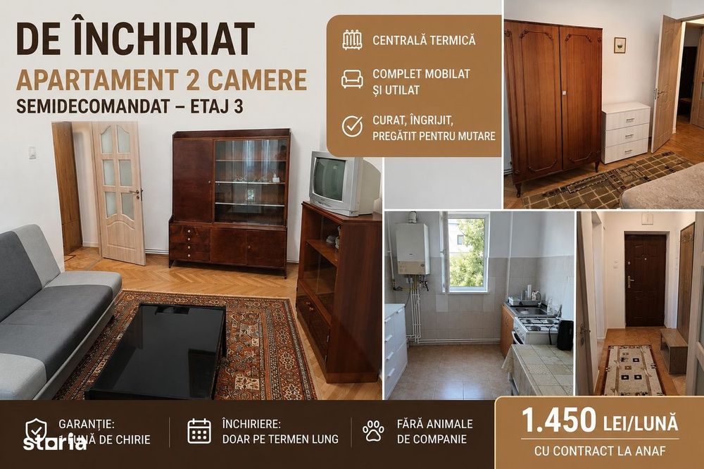 Apartament 2 camere de închiriat – complet mobilat și utilat