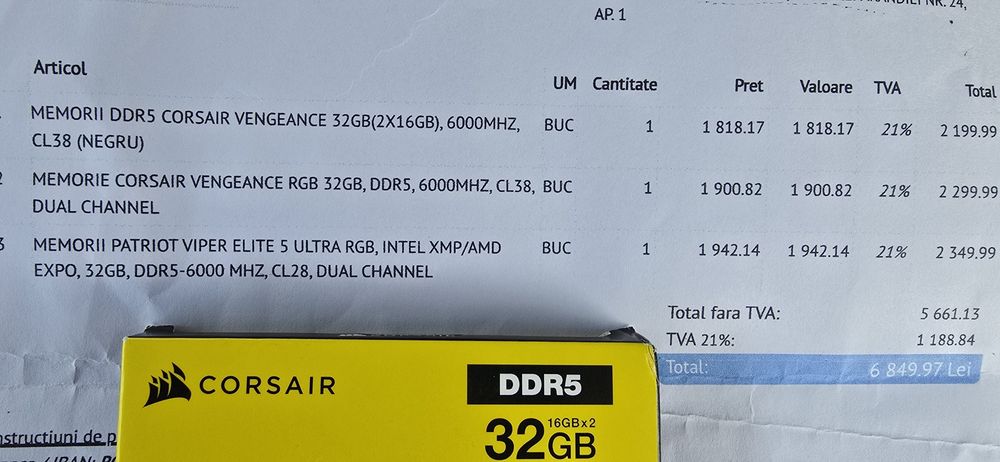 Ram Corsair Vengeance Kit 32GB DDR5 6000MHz CL38 Nou Sigilat Garantie Factura