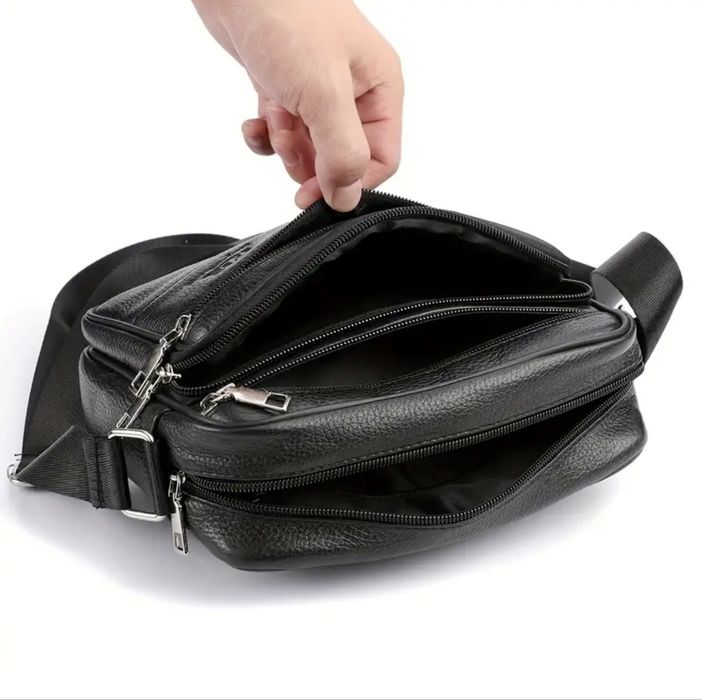 Мъжка кожена правоъгълна чанта за през рамо /Черна и кафява ест. кожа!