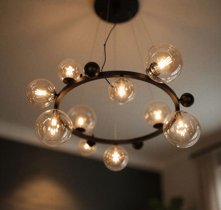 НОВА! Дизайнерска таванна лампа с кехлибарени стъклени балони 12x G9