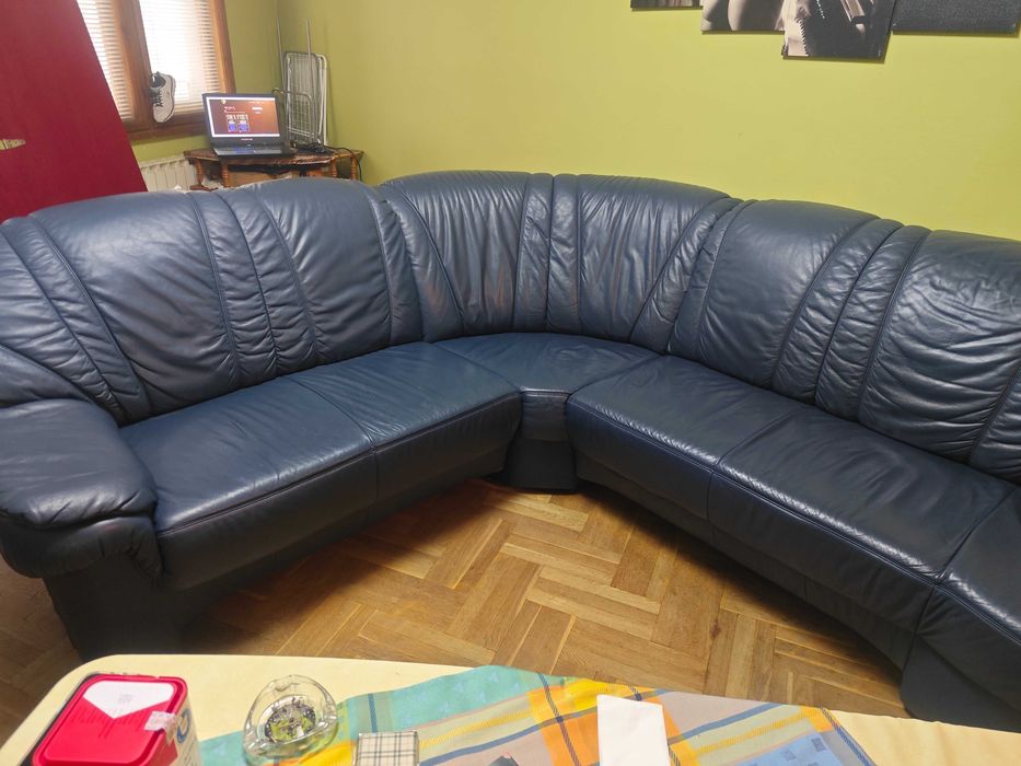 Холов ъглов диван естествена кожа с въртящ се фотьойл