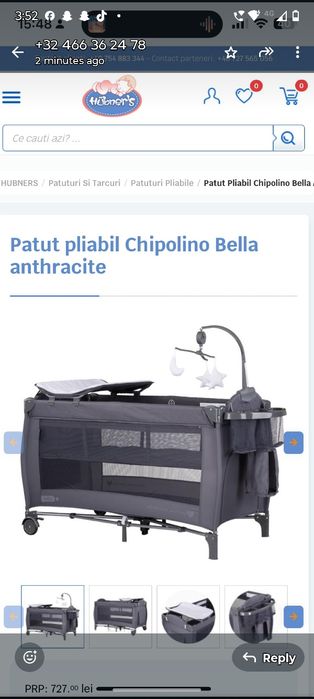 Vând pătuț pliabil Chipolino Bella – Anthracite (negru)