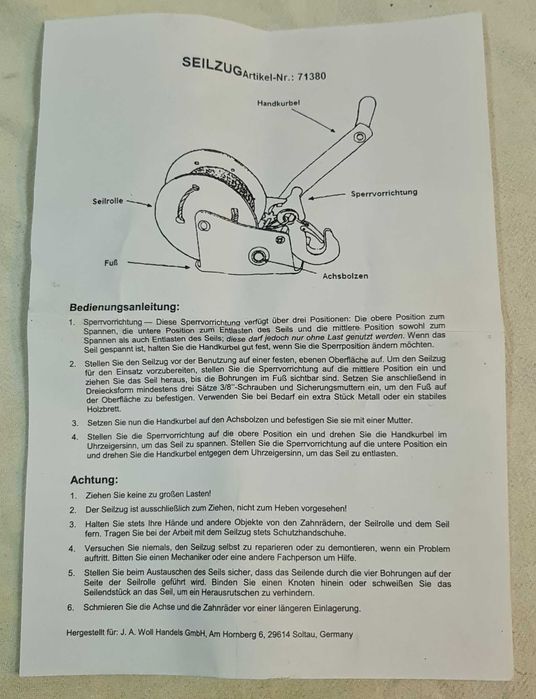 Ръчна лебедка с манивела и блокаж, товароподемност 450кг, въже-7м