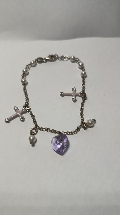 Brățară din Argint 925 cu Perle, Cruciulițe și Inimă Cristal Violet
