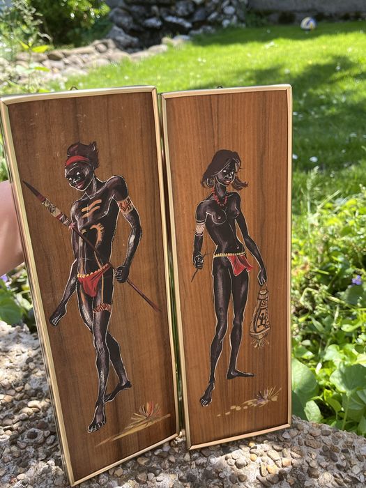 Комплект винтидж стенни пана, ръчно рисувани върху орехово дърво