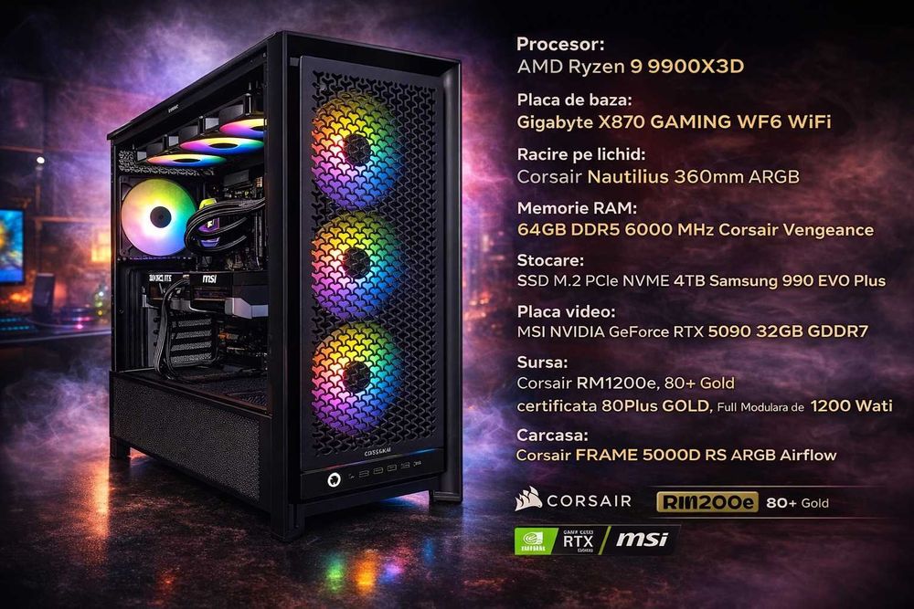 Sistem ABSOLUT Corsair Gaming cu AMD Ryzen 9 9900X3D, Corsair 64GB DDR5 6000 MHz, 4TB SSD Corsair, NVIDIA RTX 5090 32GB, Garantie 2 ani la eMAG
